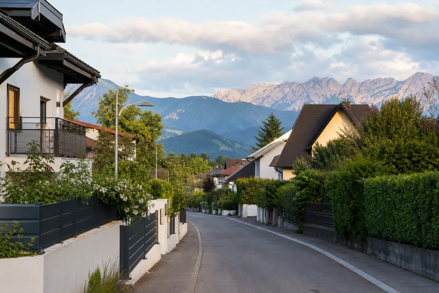 Rue résidentielle en Haute-Savoie avec vue sur les montagnes